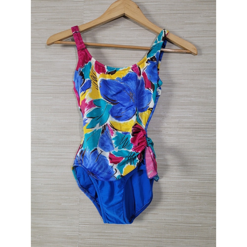 Oscar de la Renta Women's One Piece Swimsuit Size 8 Floral Ruched Tie‎ Side USA